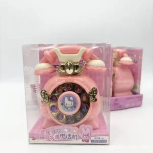 Cute pink vintage style toy telephone with rabbit illustration and light features.