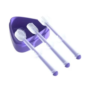 Baby silicone toothbrush set of 3 with anti-choke safety shield and purple storage case.