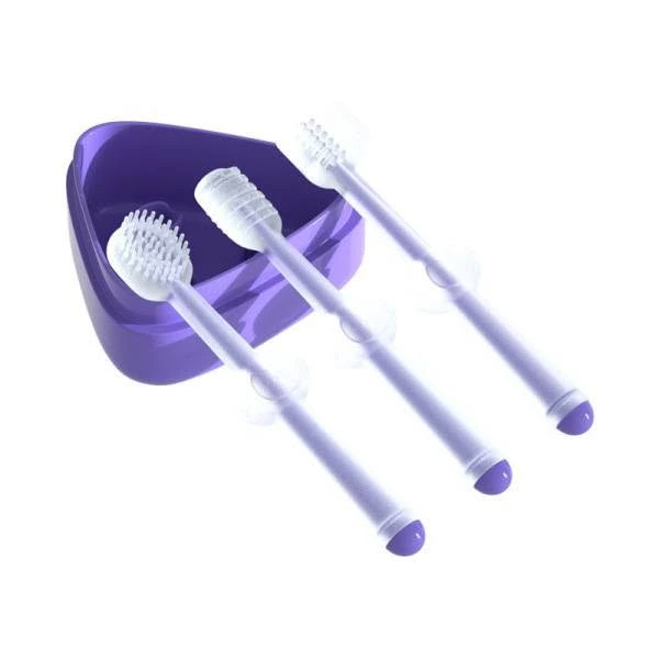 Baby silicone toothbrush set of 3 with anti-choke safety shield and purple storage case.