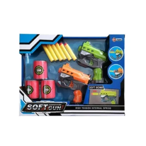 Soft bullet toy gun set in packaging featuring two blasters in orange and green, six yellow foam darts, and three target cans.