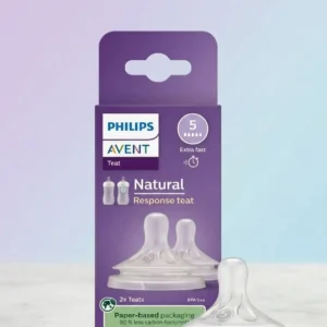 Philips Avent Natural Response teat Flow 5 package with a clear silicone teat in front.