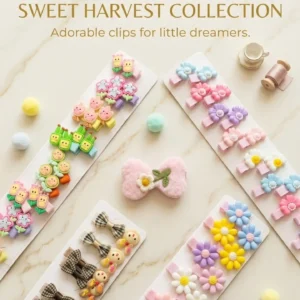 Sweet Harvest Collection featuring various pastel flower, bow, and pom pom hair clips on display cards.