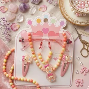 Kids pink princess jewelry set with heart rimless sunglasses necklace bracelet and hair clips