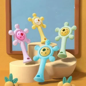 Baby silicone teether rattle toys displayed in pastel pink, blue, yellow, and green colors.