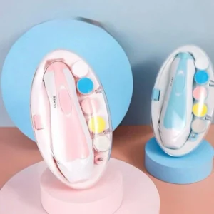 Blue baby electric nail trimmer tool with 6 interchangeable grinding heads.