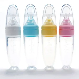 120ml blue silicone baby spoon feeder bottle for feeding purees and cereal.