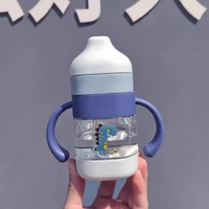Blue anti-fall baby drinking bottle 220ml with straw, handles, and dinosaur print.