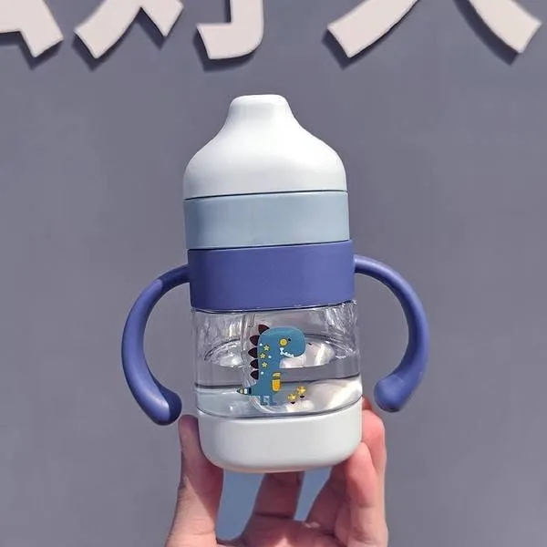 Blue anti-fall baby drinking bottle 220ml with straw, handles, and dinosaur print.