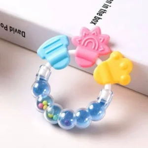 Baby silicone teething ring rattle toy with colorful textured teethers and rattle beads