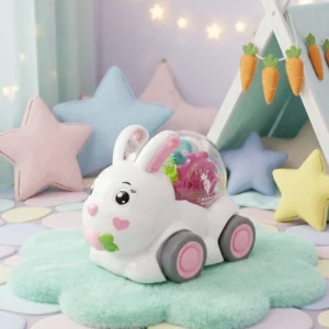 Cute white and pink transparent gear bunny toy car with visible colorful rotating gears inside.
