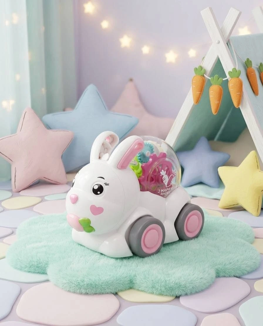 Cute white and pink transparent gear bunny toy car with visible colorful rotating gears inside.