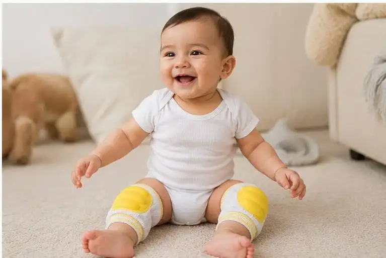 air of white baby crawling knee pads with soft light-yellow oval cushion padding and yellow-striped elastic trim.