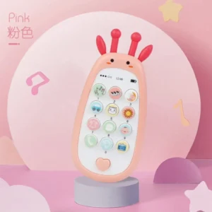 Cute giraffe-shaped musical baby toy phone with colorful buttons available in blue, pink, and yellow.