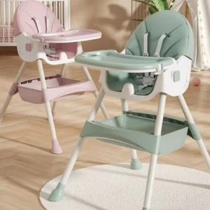 Sage green adjustable baby high chair with tray folded back and lockable wheels.