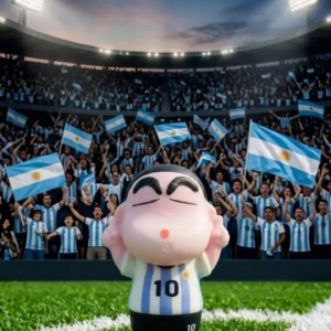 Crayon Shin-chan mini figure in Argentina blue and white #10 football jersey on grass field.