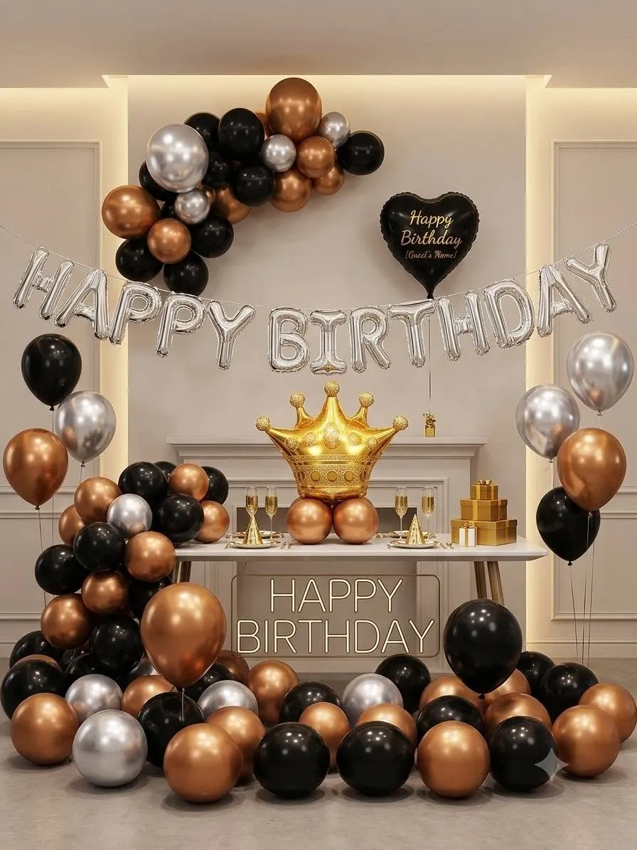 Black and gold happy birthday balloon kit with silver banner and golden crown foil balloon.