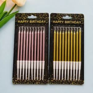 Metallic rose gold and gold thin pencil birthday candles in packaging