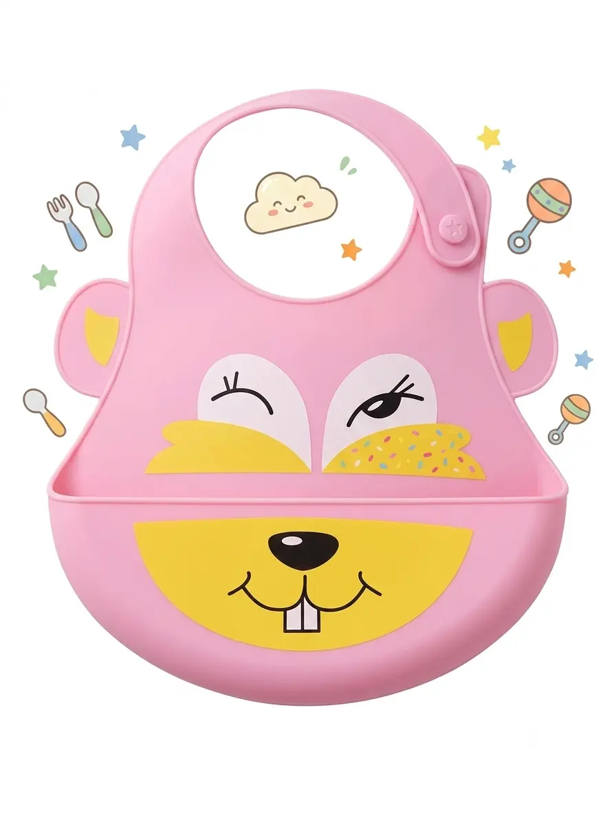 Cute pink winking bunny waterproof silicone baby bib with a deep food catcher pocket and adjustable neck strap.