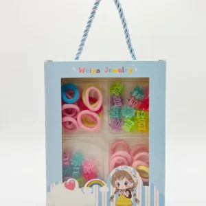 Weiya Jewelry girls hair accessories gift box containing colourful hair elastics and mini hair clips.