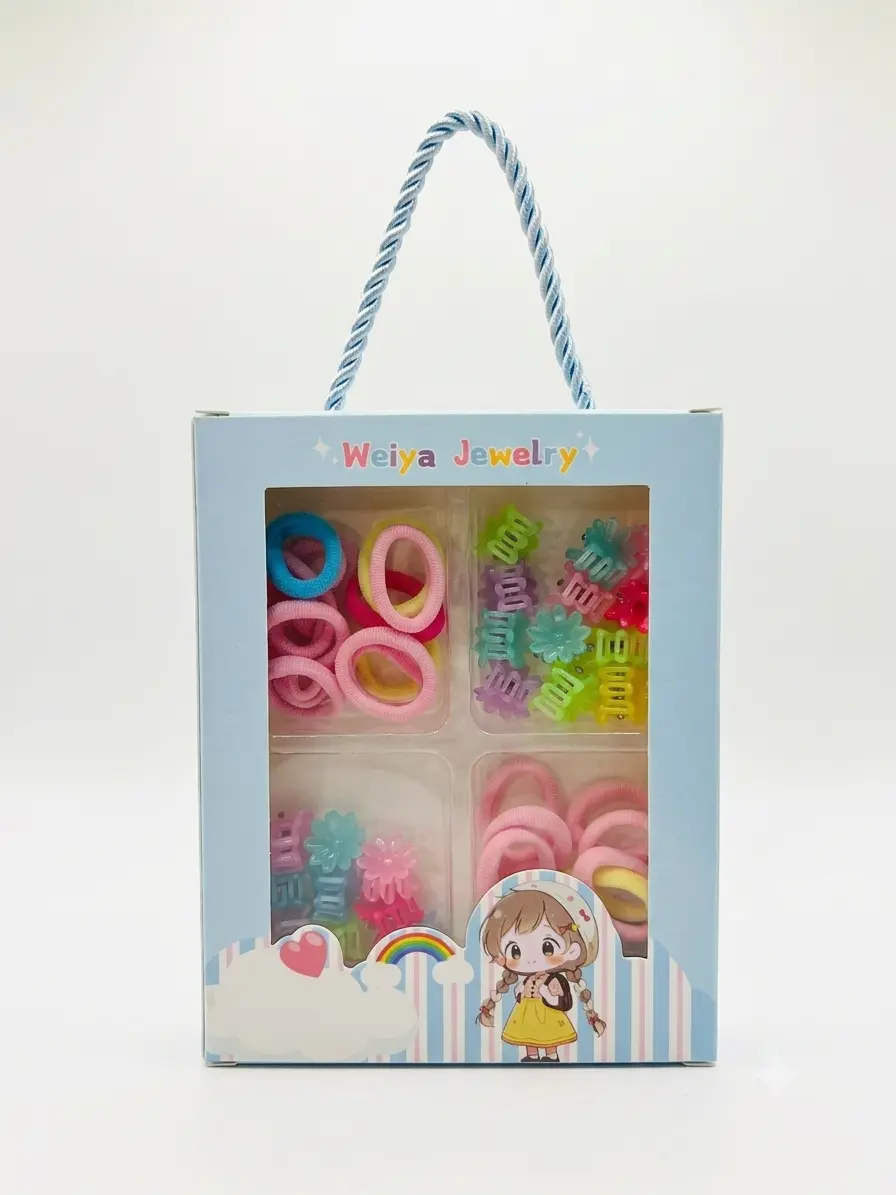 Weiya Jewelry girls hair accessories gift box containing colourful hair elastics and mini hair clips.