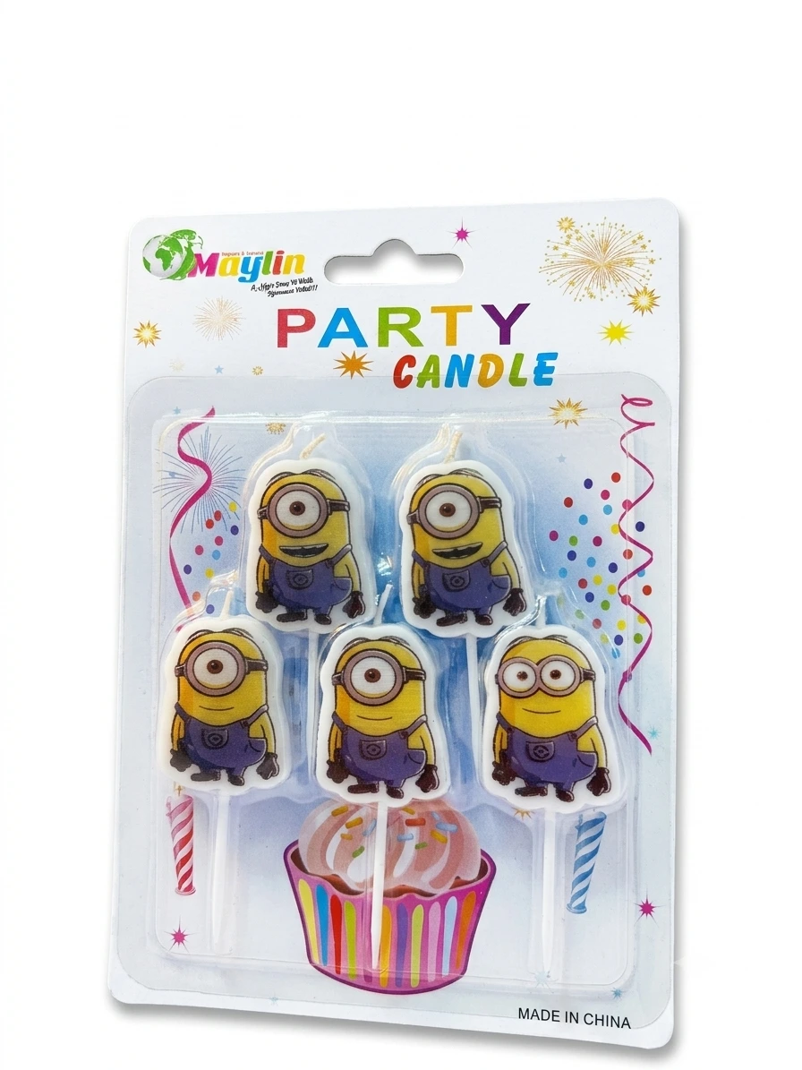 Pack of 5 Minion character birthday candles wearing blue overalls