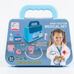 Baby doctor medical set toy box with blue handle and stethoscope accessories for kids.
