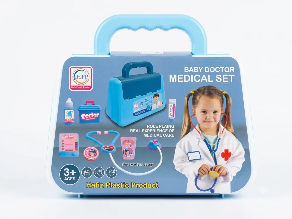 Baby doctor medical set toy box with blue handle and stethoscope accessories for kids.
