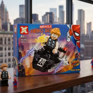 Thor minifigure building block with glowing lightning power effects on hands.