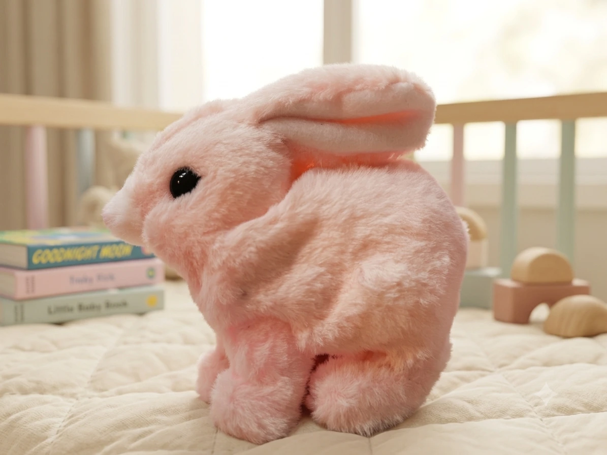 Soft pink plush bunny rabbit toy sitting on a quilted bed surface.