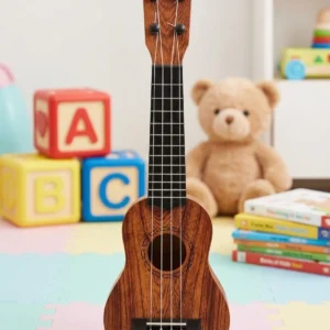 Mini wooden-style toy ukulele guitar for kids in retail box packaging.