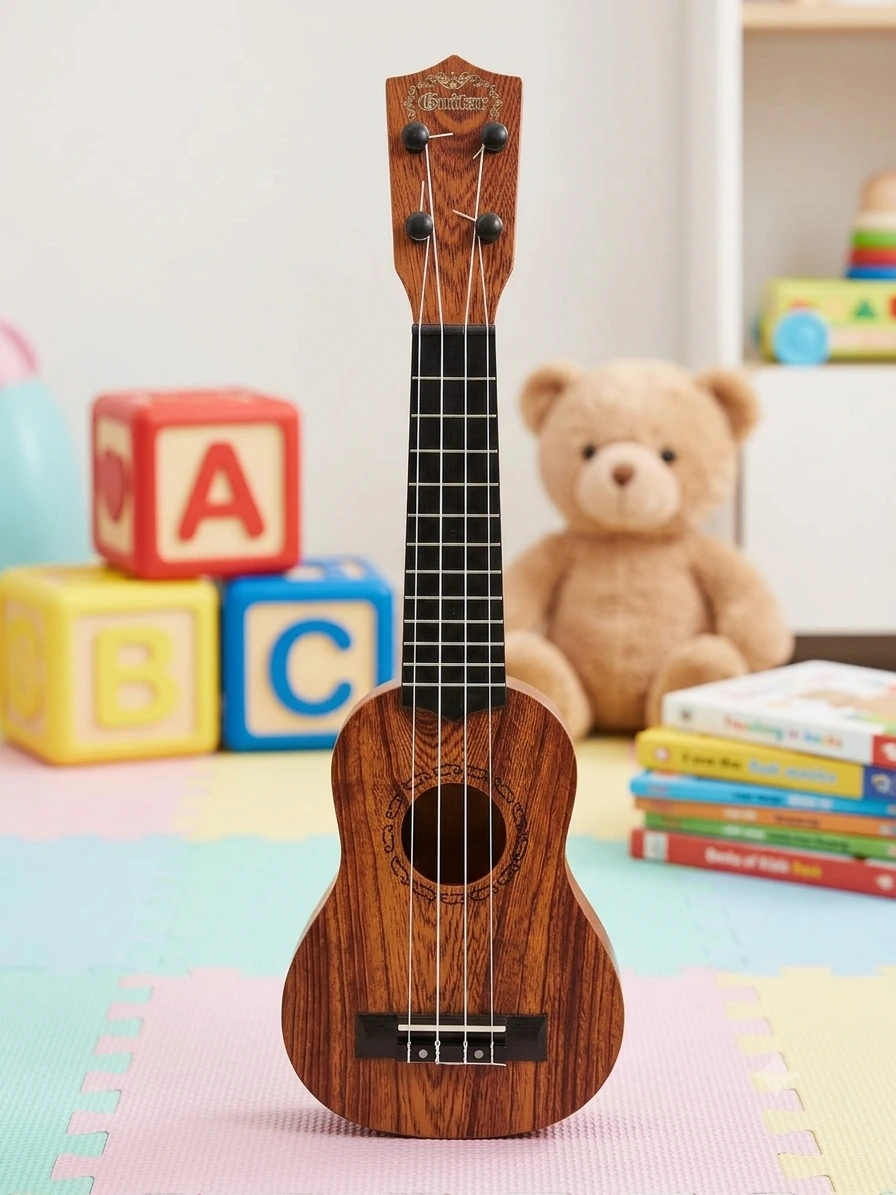 Mini wooden-style toy ukulele guitar for kids in retail box packaging.