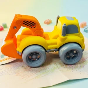 Mini yellow excavator and red fire engine push toy trucks for toddlers