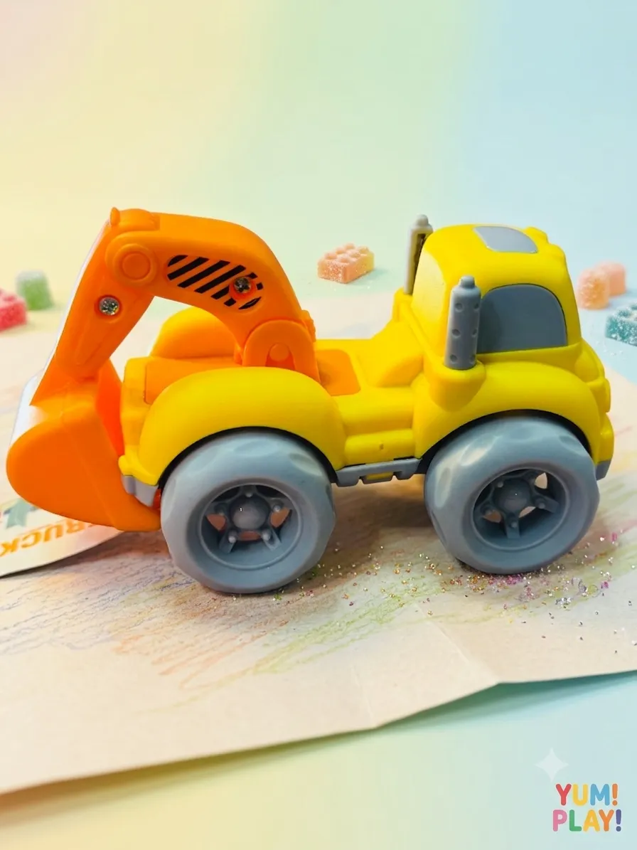 Mini yellow excavator and red fire engine push toy trucks for toddlers