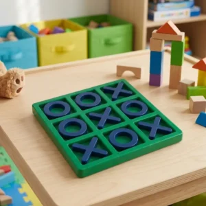Packaging of a green and blue plastic Tic-Tac-Toe puzzle game designed for kids' memory and cognitive skill development.