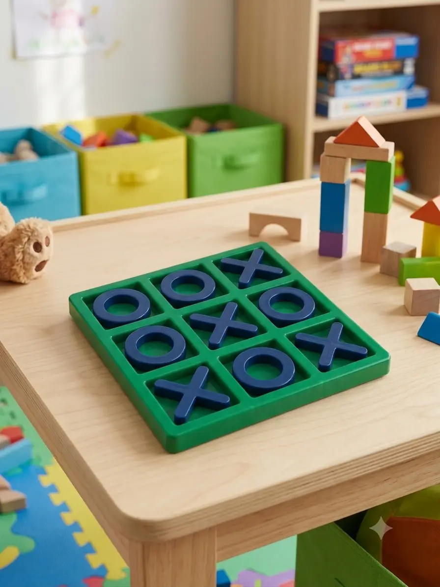 Packaging of a green and blue plastic Tic-Tac-Toe puzzle game designed for kids' memory and cognitive skill development.