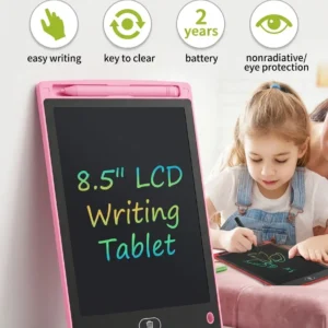 Pink 8.5 inch LCD writing tablet for kids with stylus pen and erase button next to product box.