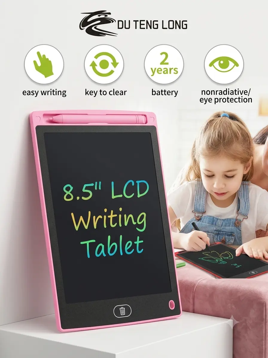 Pink 8.5 inch LCD writing tablet for kids with stylus pen and erase button next to product box.