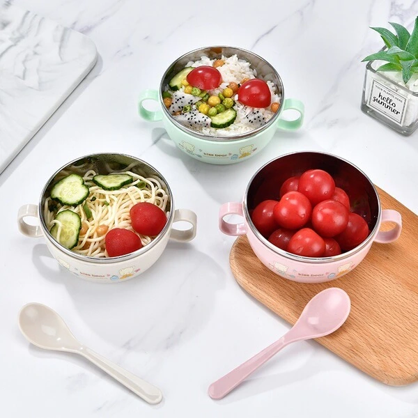 Kiss Bear stainless steel baby feeding bowl with lid dual handles and matching spoon set