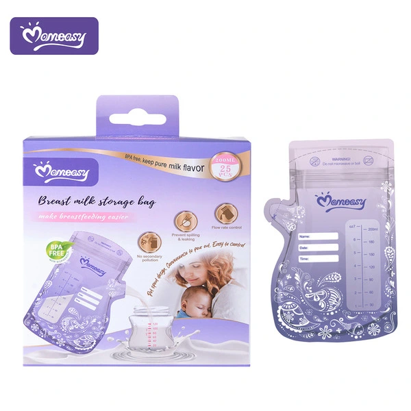 Momeasy breast milk storage bags 200 ml 25 pcs box and individual bag with pour spout.