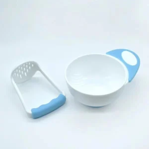 Blue and white baby food masher bowl set for homemade baby food