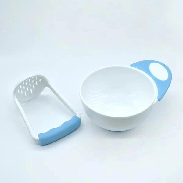 Blue and white baby food masher bowl set for homemade baby food