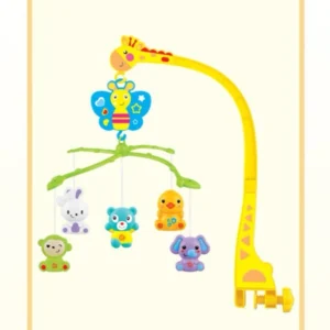 Yellow giraffe arm rotating Music Bed Bell with colorful hanging animal rattles and butterfly unit