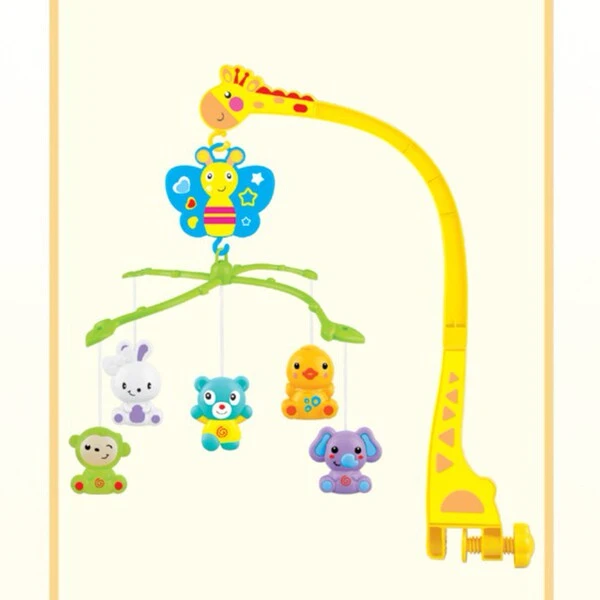 Yellow giraffe arm rotating Music Bed Bell with colorful hanging animal rattles and butterfly unit