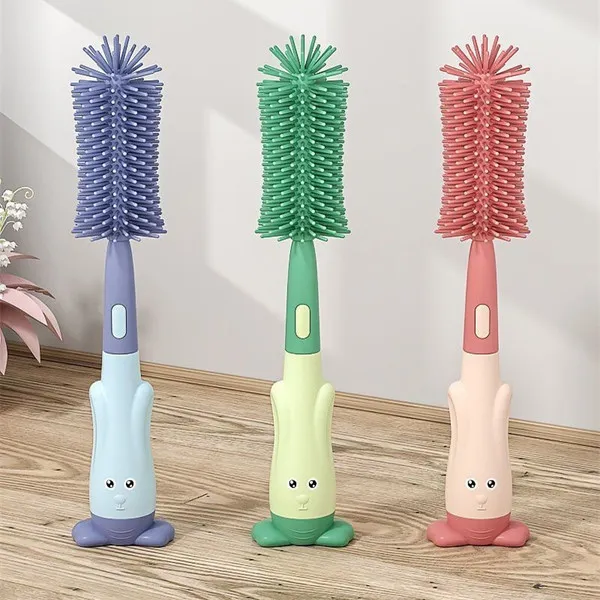 3-in-1 blue silicone baby bottle brush set including bottle brush, nipple brush, and straw cleaner.