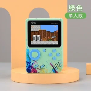 5s mint green handheld retro game console with 3.0 inch color screen displaying a classic platformer game.