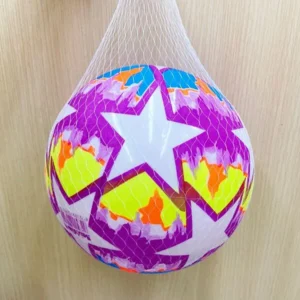 Vibrant colorful star soccer ball with purple, neon yellow, and blue patterns enclosed in a white mesh net bag.