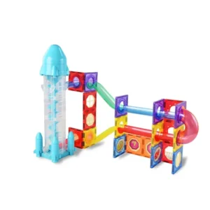 MagBuild 82 pcs magnetic tiles marble run track toy set with electric rocket elevator