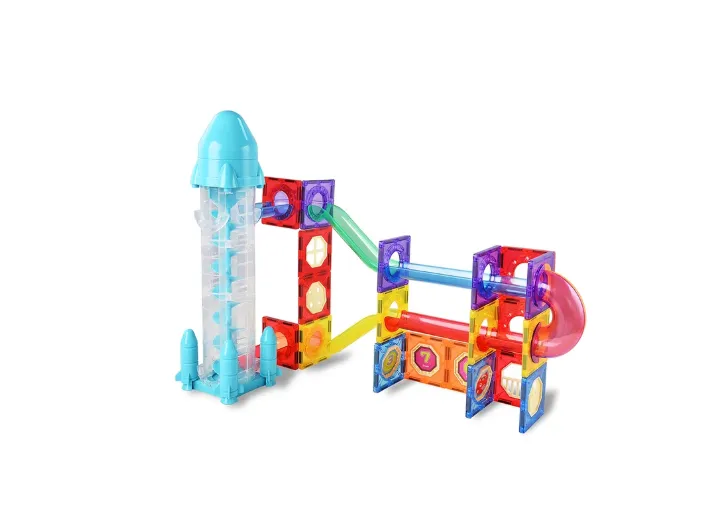 MagBuild 82 pcs magnetic tiles marble run track toy set with electric rocket elevator