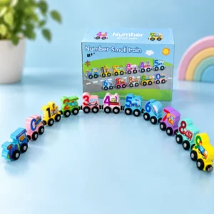 Wooden magnetic number train toy set with engraved colorful cars and vehicle illustrations