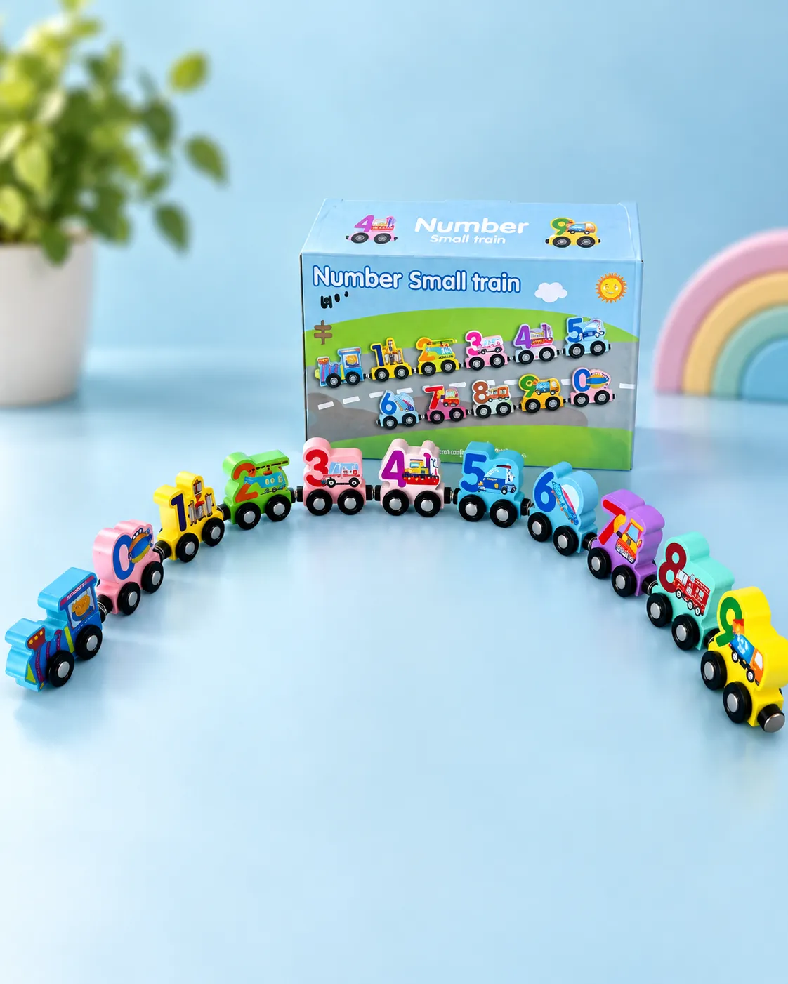 Wooden magnetic number train toy set with engraved colorful cars and vehicle illustrations